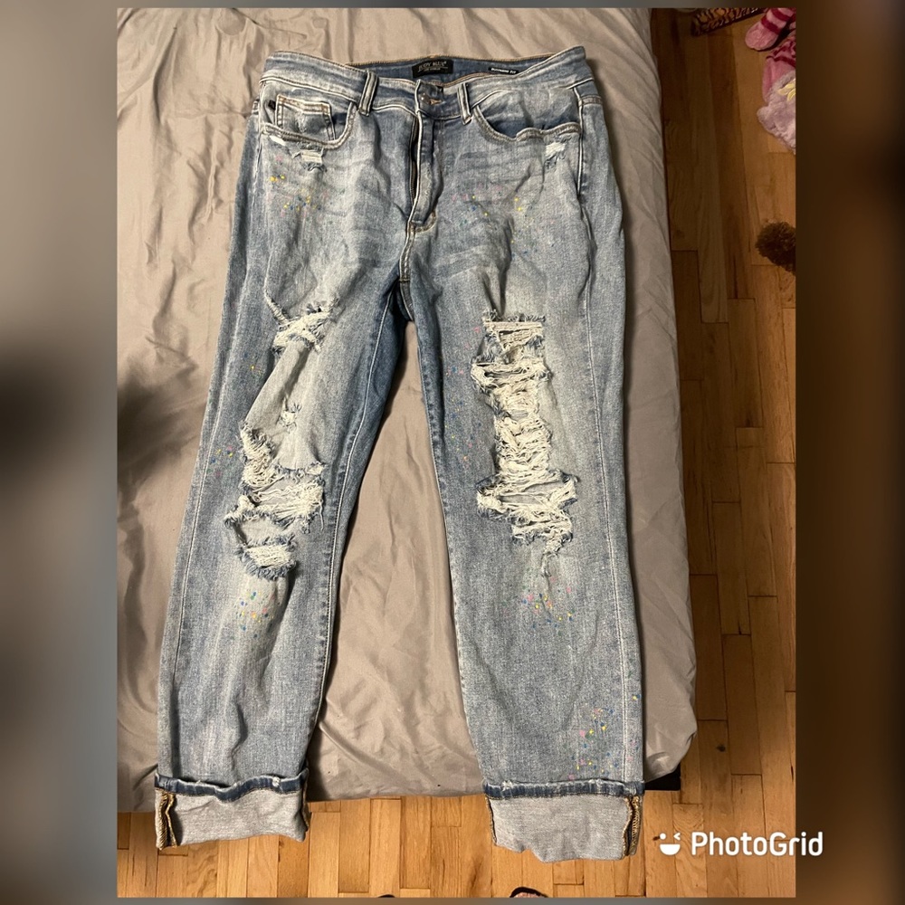 Judy blue destroyed rainbow paint splatter jeans size 14w boyfriend fit